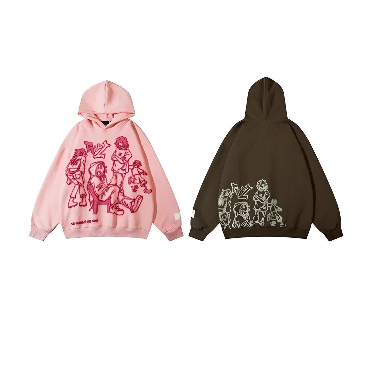 Loose-fitting couples oversize hoodie, long sleeve round neck, 90% polyester, brown and pink, sizes S-XXL