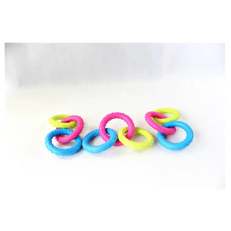 Blue TPR rubber dog toy shaped like a three-link chain for chewing and dental care