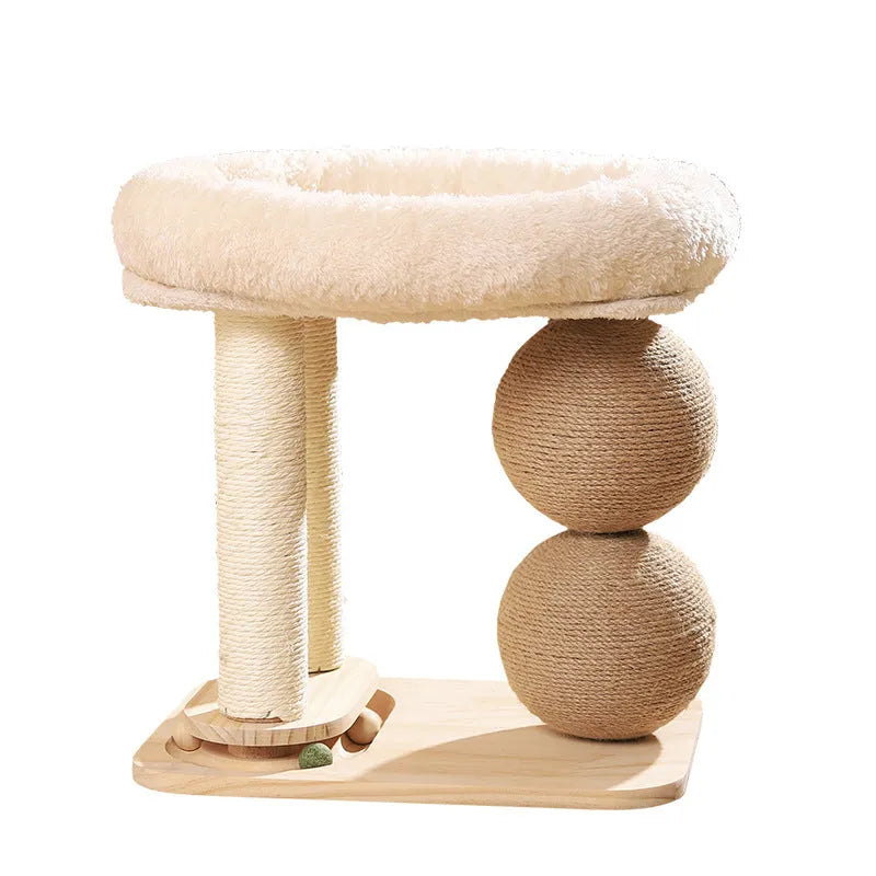 Natural pine wood cat nest frame with two integrated scratching balls, shown with a choice of sisal rope or soft fabric mat surface.