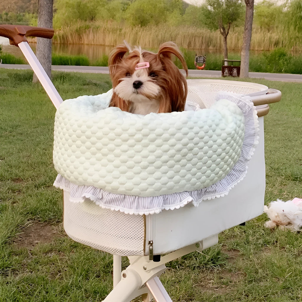 Pure cotton pet stroller pad set showing anti-dirty towel, cushion, and pillow in a blue green apple pattern.