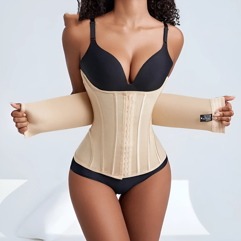 Nylon belly band waist trainer in black and apricot colours, shown laid flat.