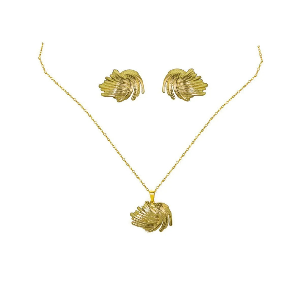 Geometric leaves texture flower love heart earrings and necklace set on a stainless steel pendant with regular chain