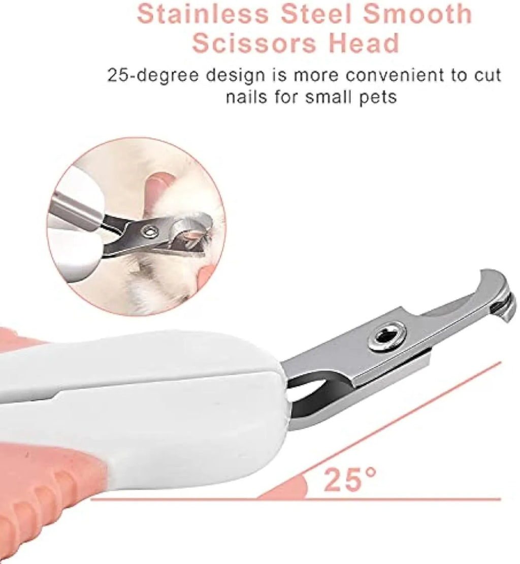 Grey and pink cat nail clippers with angled blade design and safety lock for small pet grooming