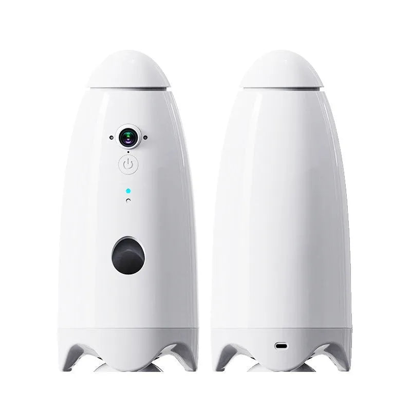 Smart pet feeder in white with built-in camera and APP remote control for dogs and cats, size 270mm by 120mm