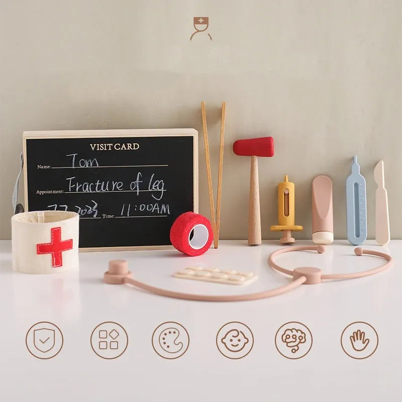 Wooden children's doctor play set with stethoscope and medical tools in cloth bag packaging
