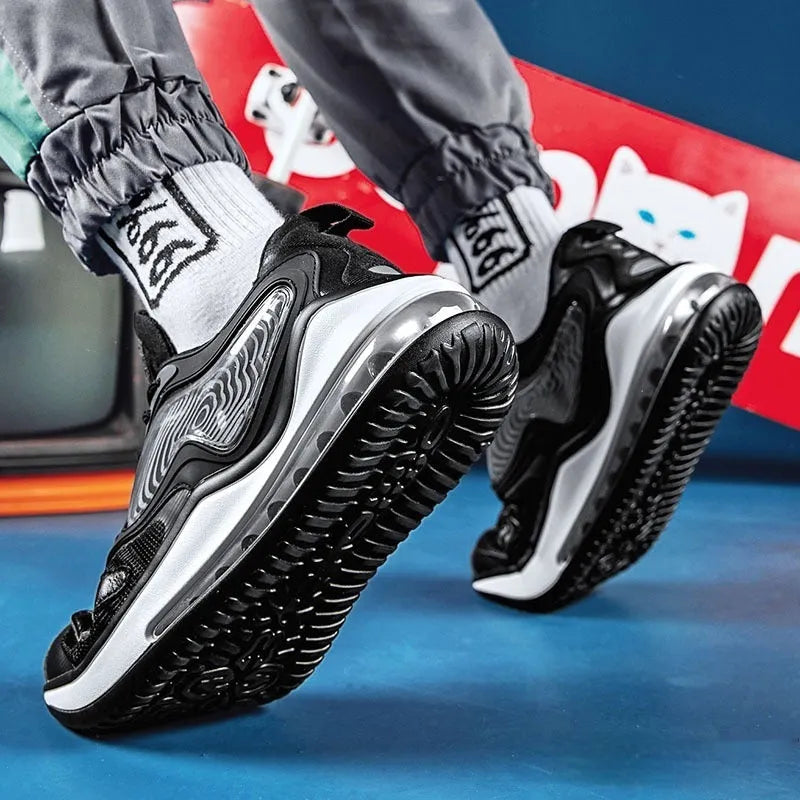 Men's black and white casual sneakers with air cushion sole for height increase.