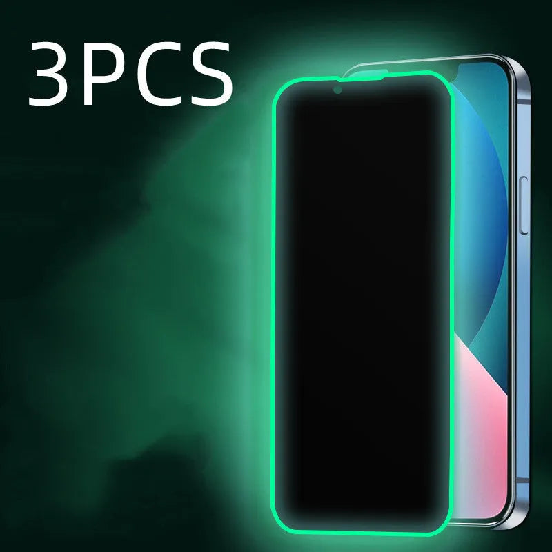 Tempered glass iPhone screen protector with luminous silicone soft edge, HD or privacy film, and locator