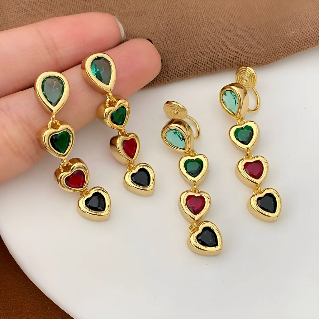 Heart pendant tassel ear clips luxury earrings for women copper inlaid zircon ear clip pair