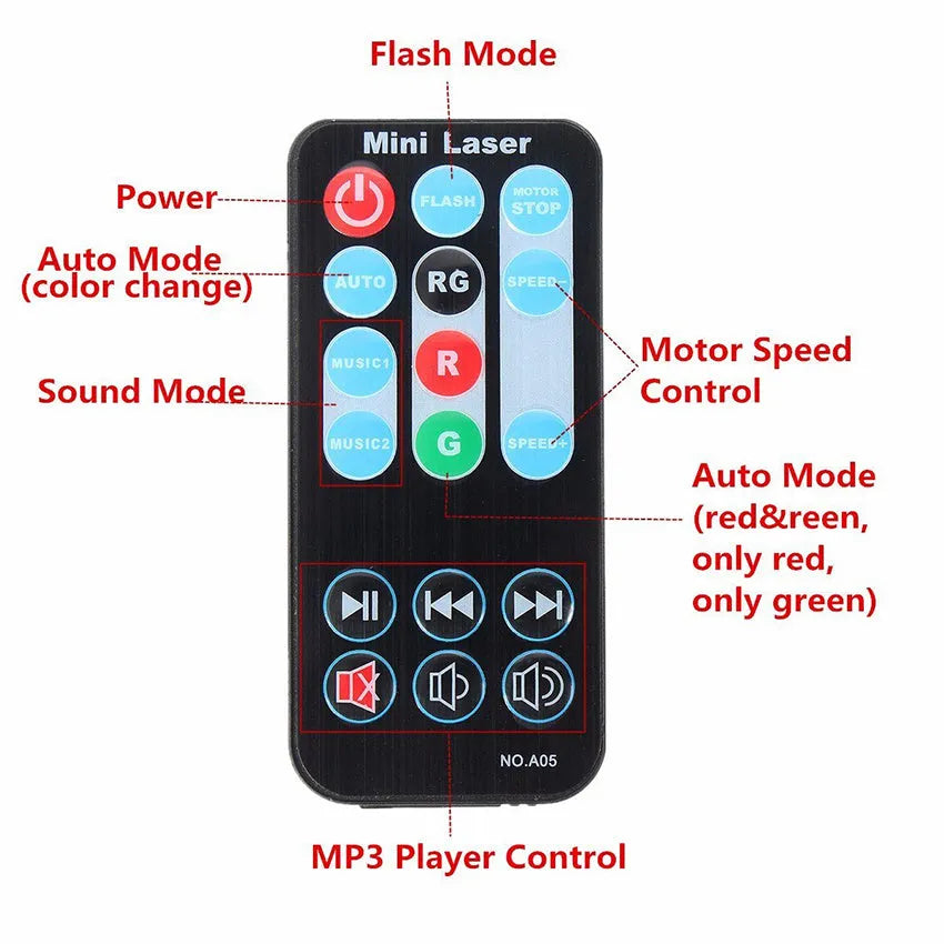 JC-24 in one laser light projector with red and green laser patterns and remote control, 105x90x52mm