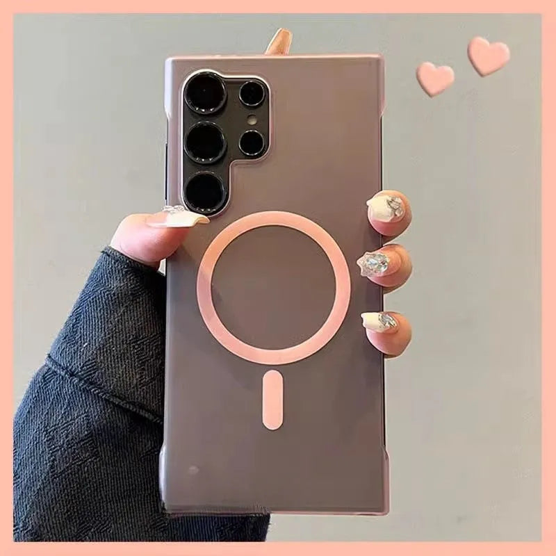 Frameless frosted PC magnetic phone case for Samsung in Desert Gold, shown ultra-thin with anti-fall design