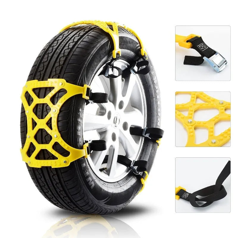 Set of 6 yellow polyurethane snow chains for car tyres, anti-slip winter emergency equipment