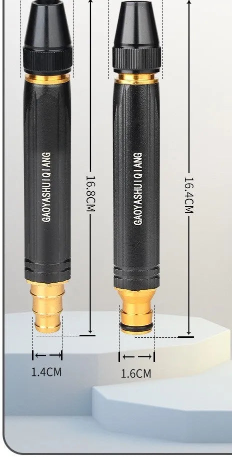 Black diamond finish car washing gun with alloy body and straight spray nozzle, 17.7cm long.