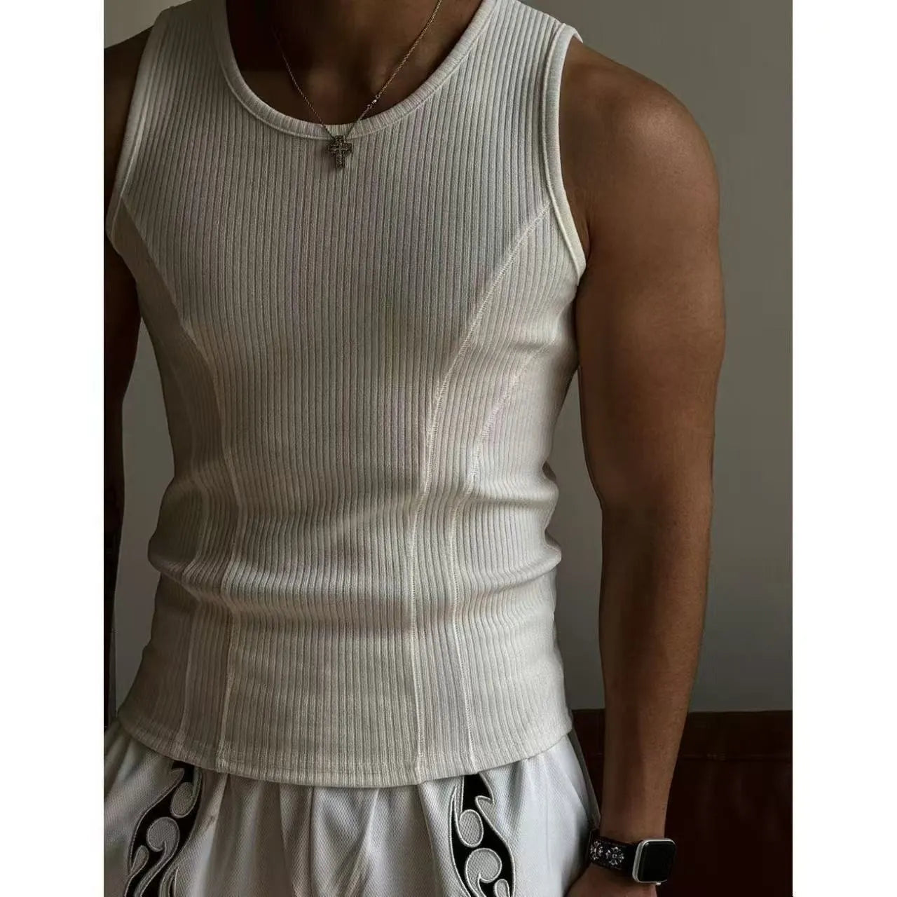 Men's tight fit black vest with American stitching I-shaped design on chest