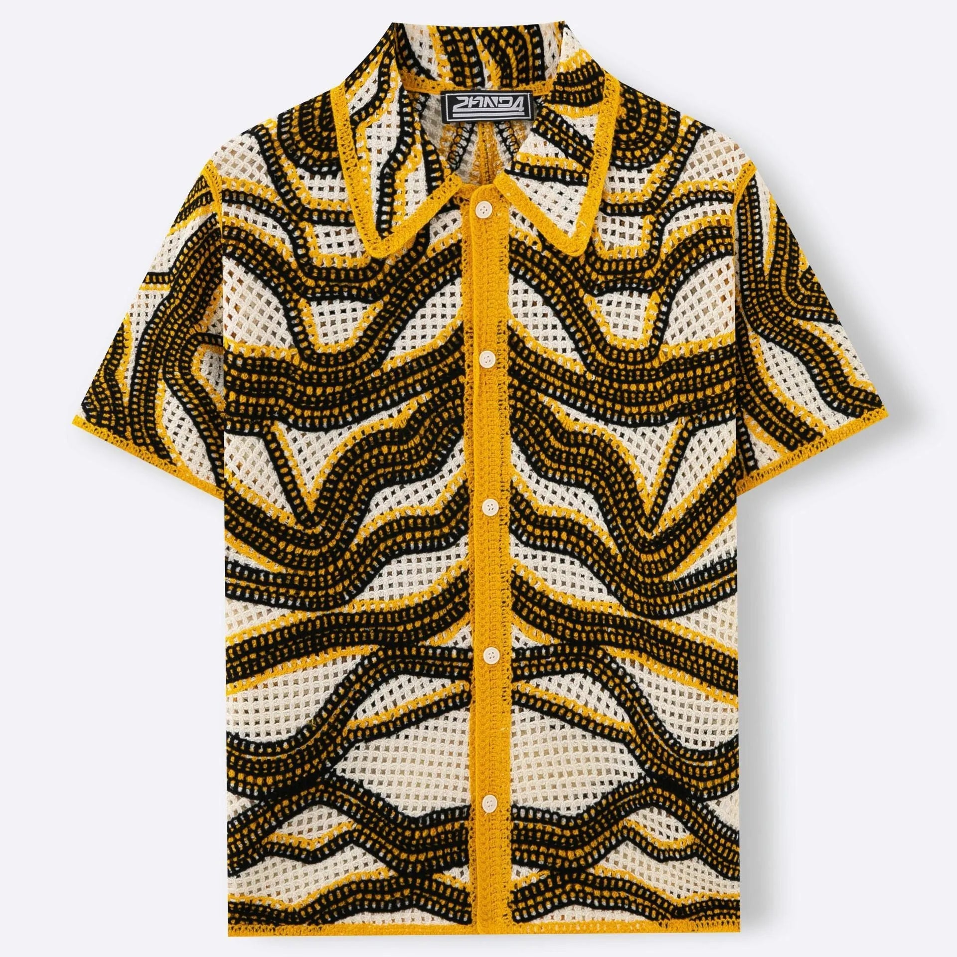Khaki striped short sleeve cardigan with hand-crocheted texture on a hanger.