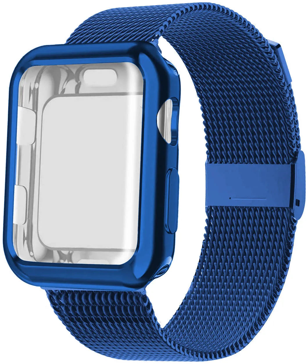Apple Watch with magnetic Milanese loop metal strap in silver, showing adjustable magnetic clasp.