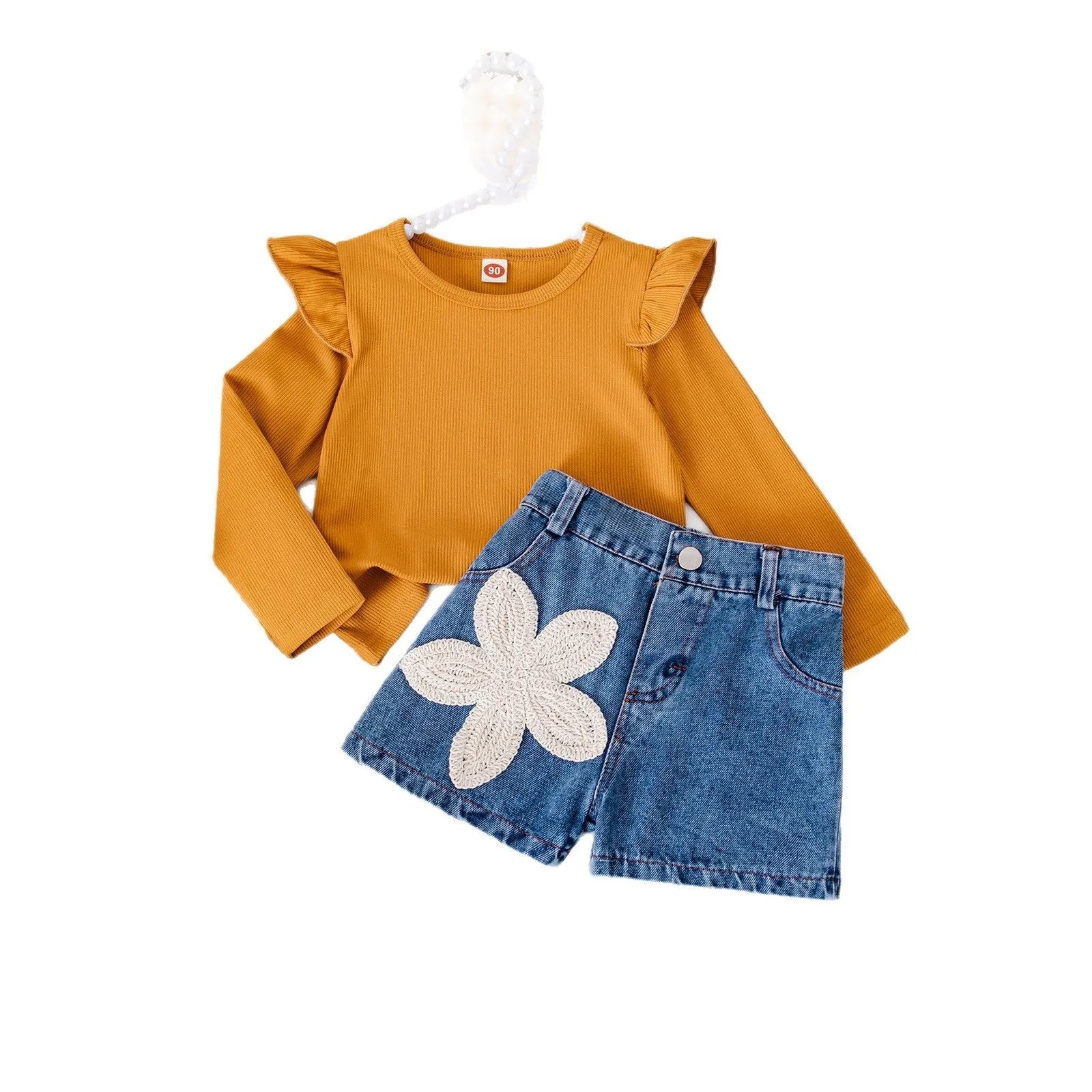 Khaki flower embroidered denim shorts set for girls with long sleeve top and shorts