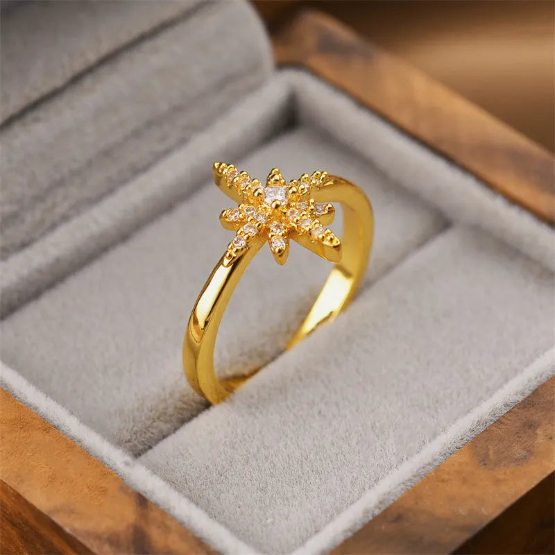 Gold geometric open band adjustable ring on a hand, showing its copper construction and modern design.