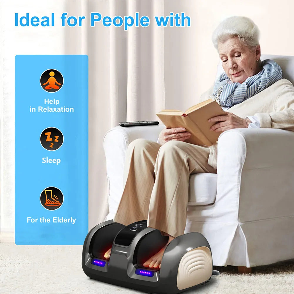 3D foot and calf massager with heat, four auto programs, adjustable intensity, and remote control, black finish