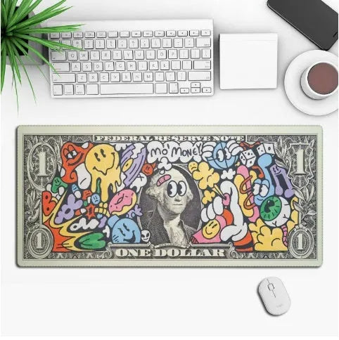 Large black anime-themed gaming mouse pad with non-slip rubber base on a wooden desk.