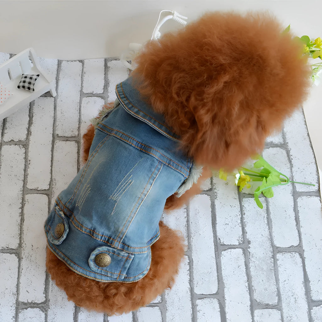 Denim dog vest with retro scratch pattern in dark and light colours for small dogs