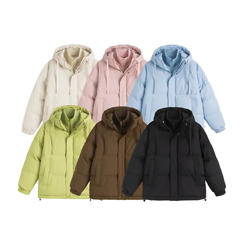 Loose two-piece winter cotton-padded coat in cardigan style with side seam pockets