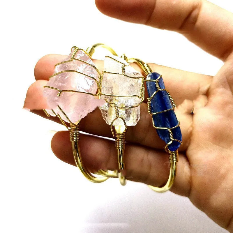 Geometric natural crystal rough stone bracelet with gold winding metal details