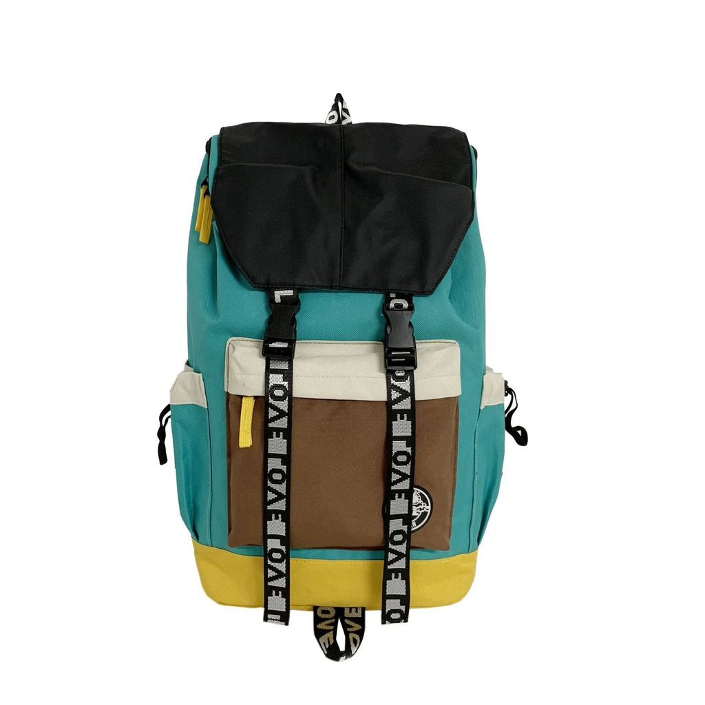 A black Oxford cloth backpack showing its size, carried over one shoulder.