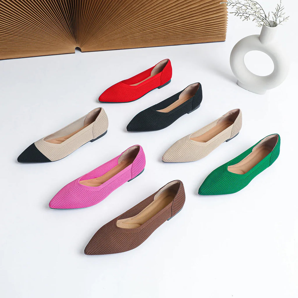Women's apricot knit flat pumps with pointed toe and oversleeves design on a rubber sole.