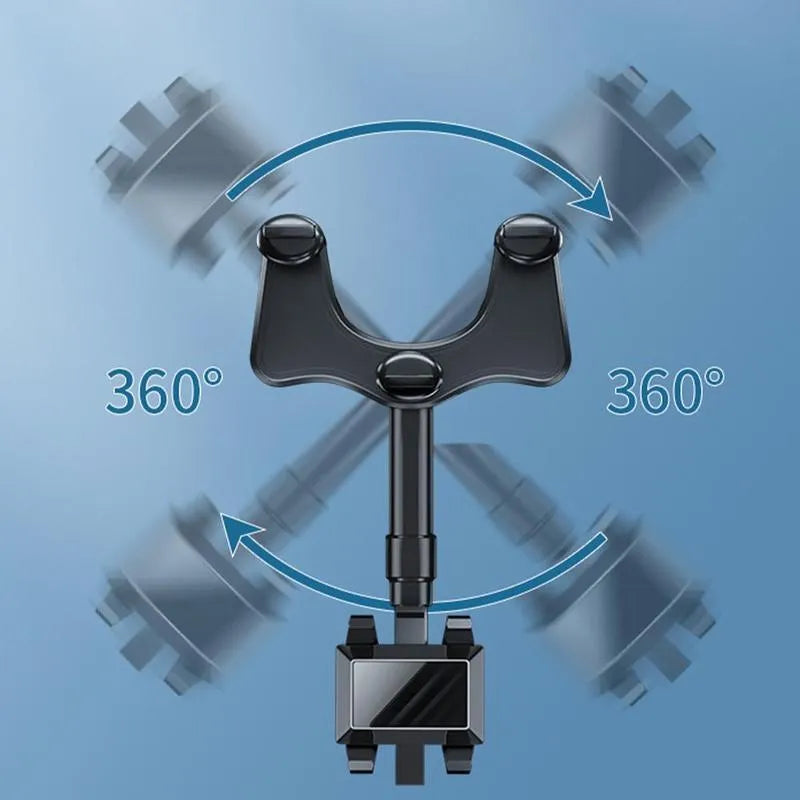 Black rearview mirror phone holder with telescopic arm and 360-degree rotating head mounted on a car mirror.