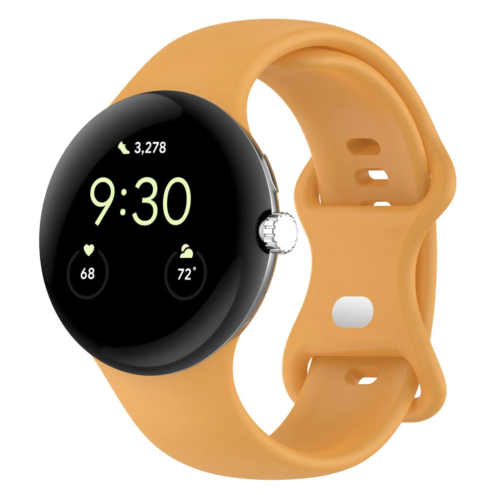 Google Pixel Watch 2 silicone strap in multiple colours including black, white, and sky blue, on a white background