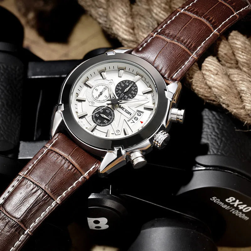 Men's brown and white multifunction quartz watch showing three subdials and luminous hands on a 15mm thick case.