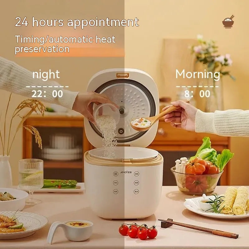 White or beige plastic rice cooker with black crystal inner pot and digital display