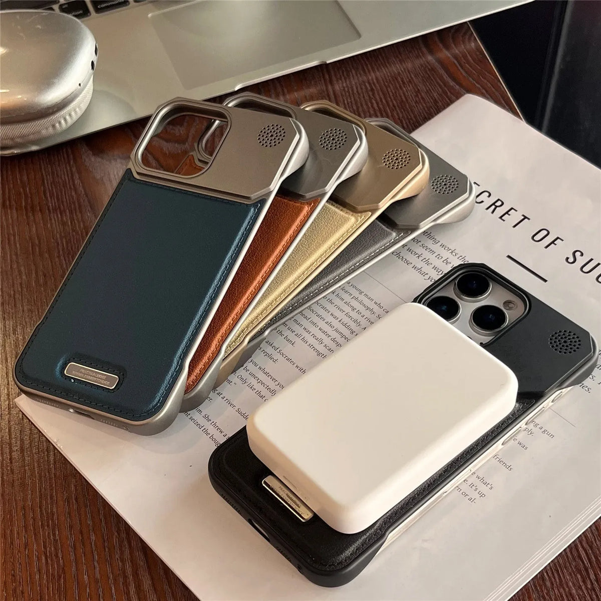 Aromatherapy leather magnetic phone case for iPhone in black, frameless hard PC, frosted anti-fingerprint finish