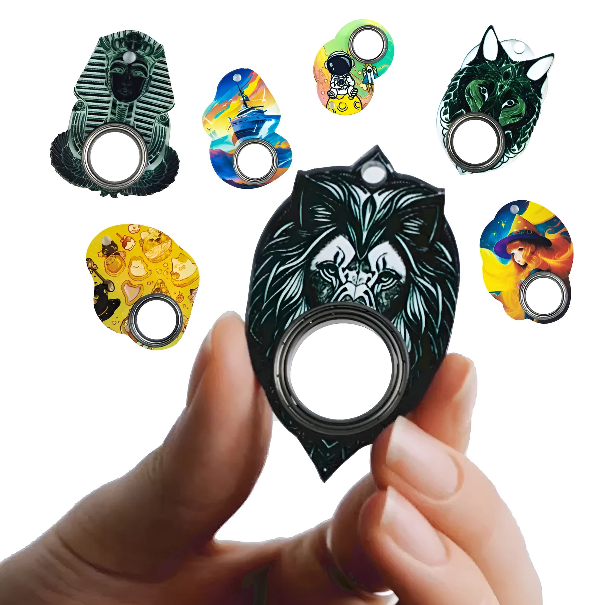 Plastic fidget spinner keychain with printed design on a keyring