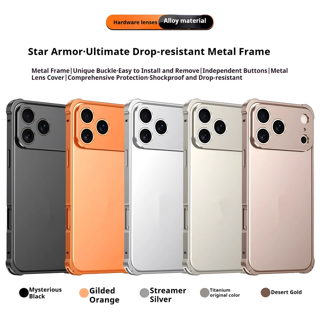 iPhone 17 mobile phone case with seahorse buckle and silver alloy metal frame on a black background.