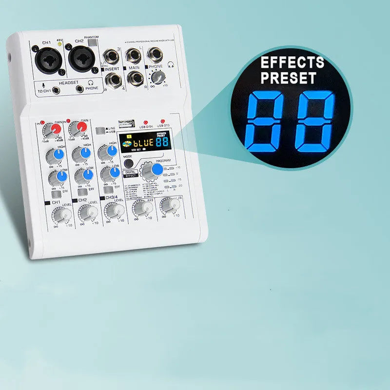 Mancheze4 Mini 4-channel Bluetooth mixer in white with metal body