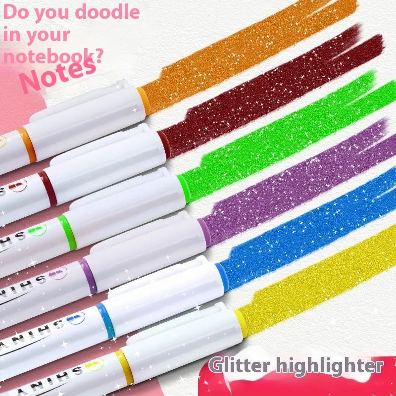 Set of four glitter fluorescent highlighter pens with slanted tips shown in assorted colours.