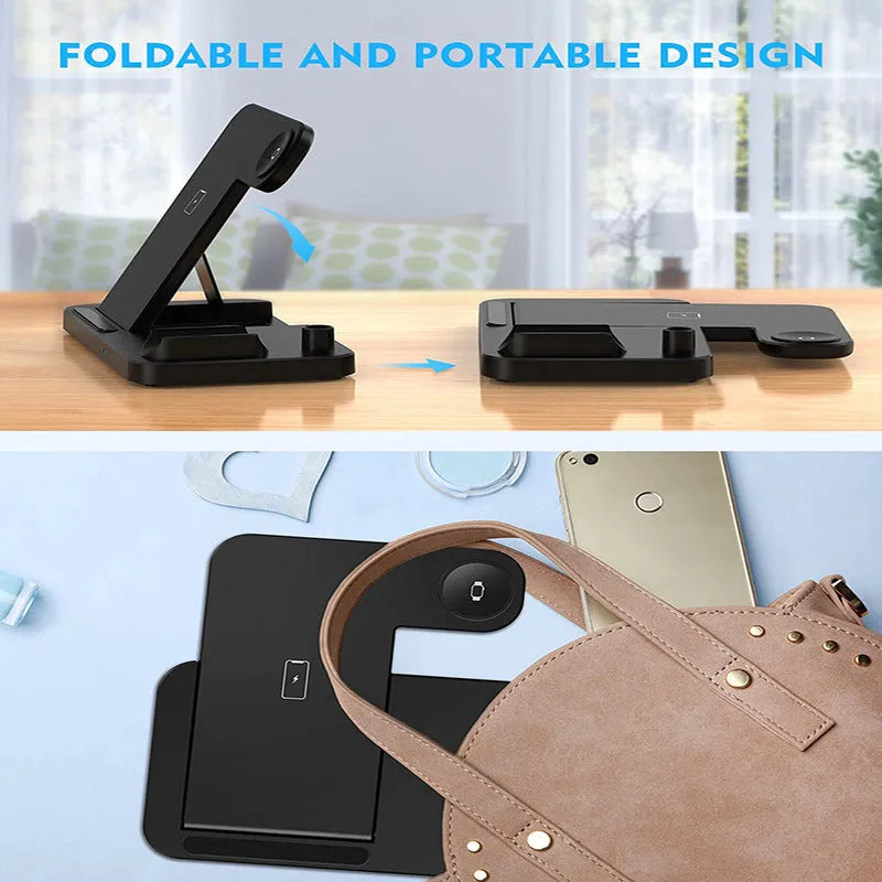 Black four-in-one wireless phone charger with QC3.0 charging head for multiple devices