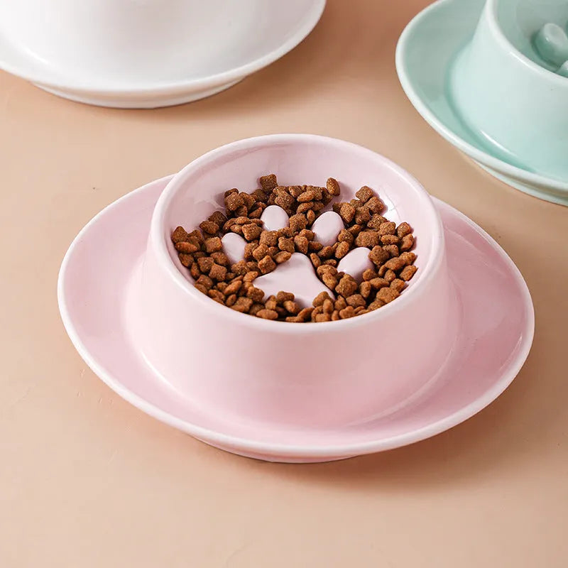 Ceramic anti-choking slow food pet bowl with neck protection in green colour