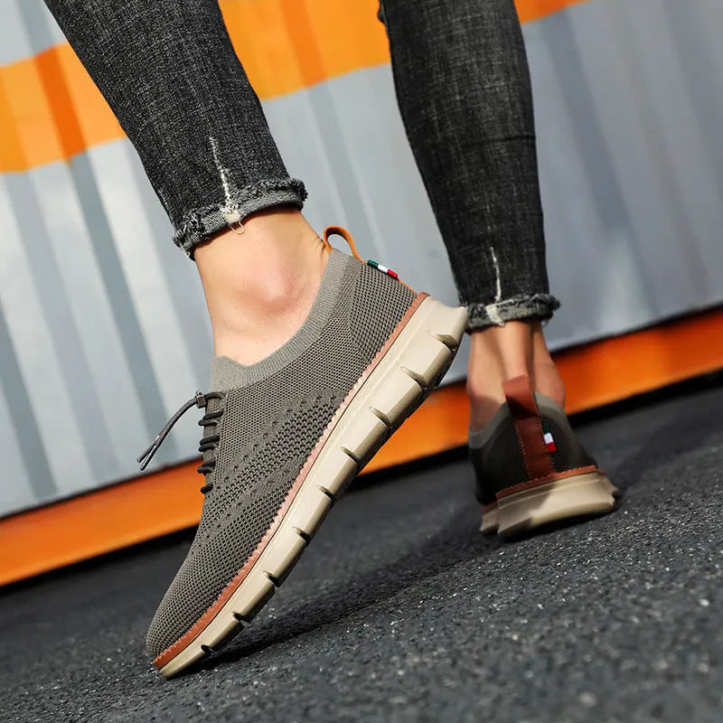 Men's breathable mesh running shoes in Army Green with EVA sole, lace-up front, low-top design