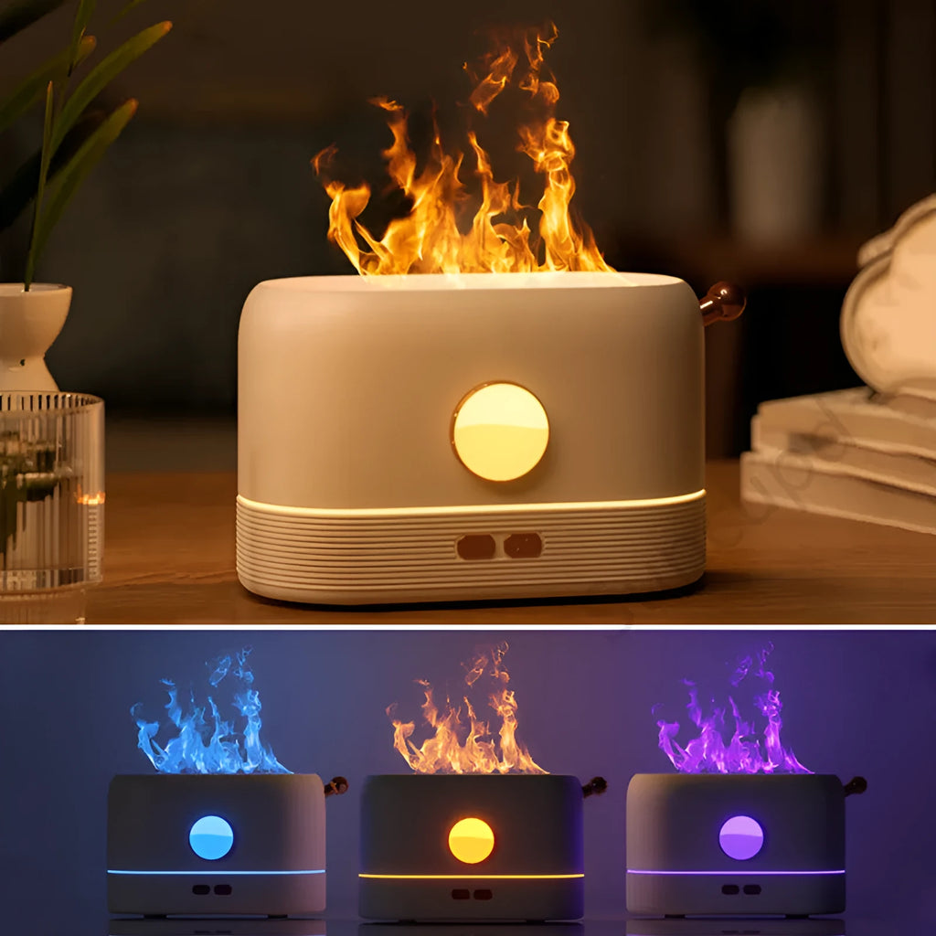 Black USB humidifier with simulation flame light effect and water mist output on a wooden desk.