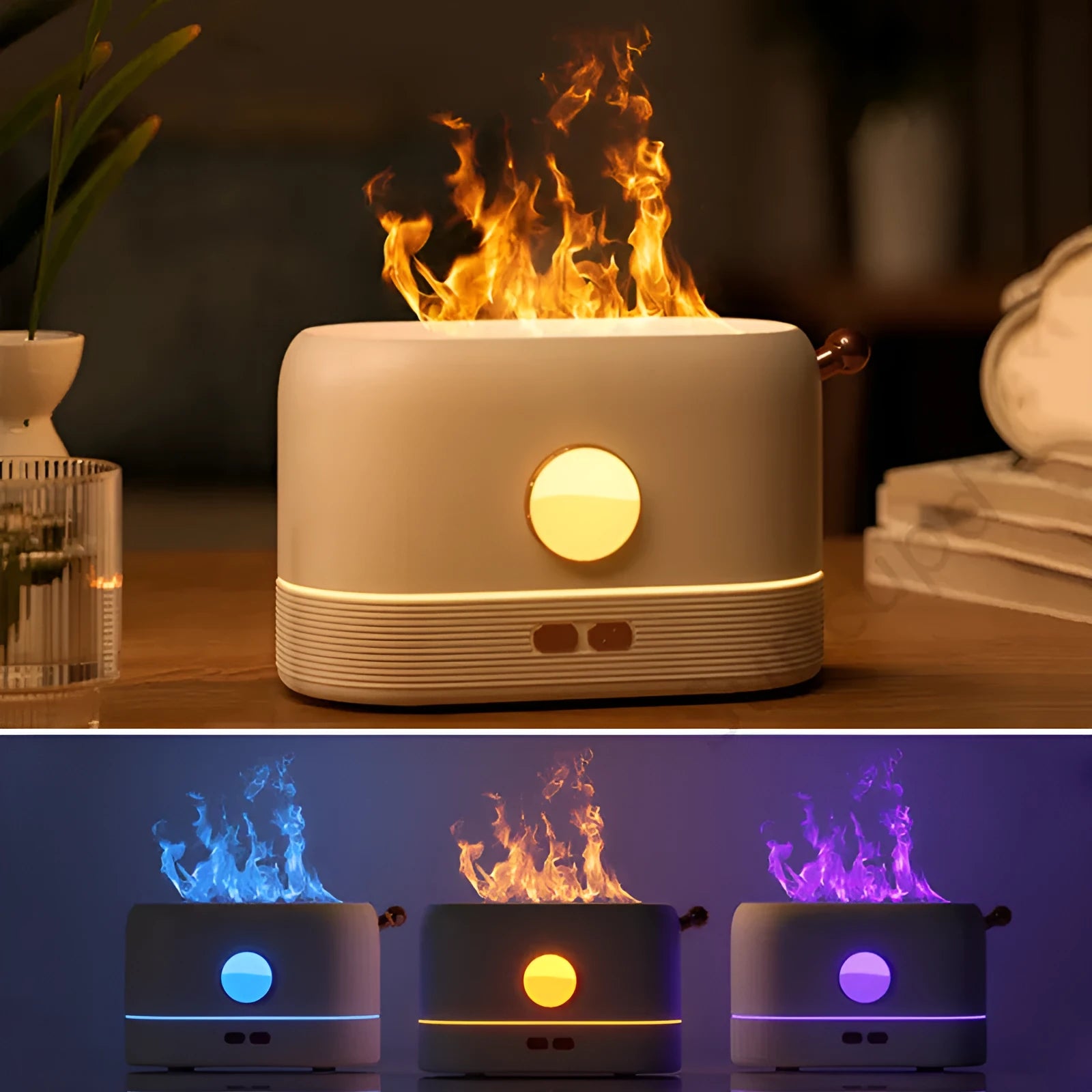 Black USB humidifier with simulation flame light effect and water mist output on a wooden desk.