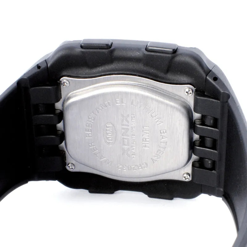 Men's waterproof electronic watch with luminous heart rate display, square digital face, resin strap, in Black
