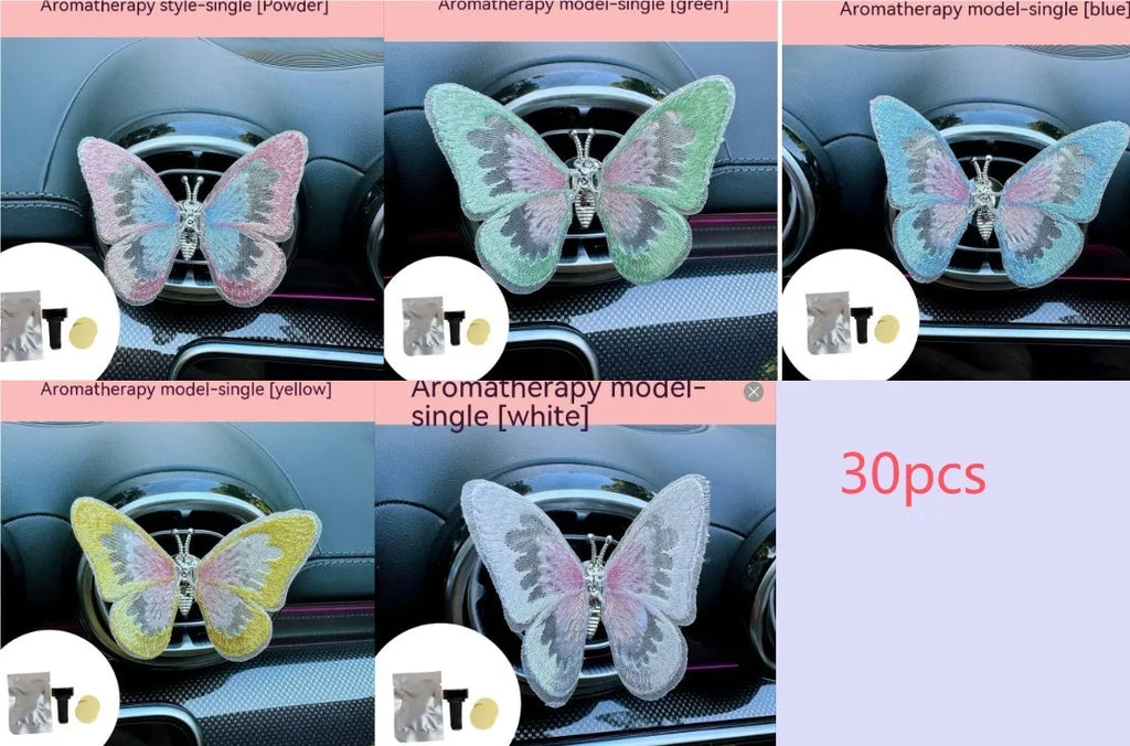 Fabric embroidery butterfly car air vent decoration in various colours for centre console placement
