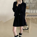 Women's grey art retro knitted two-piece set with pleated vest skirt, belt, and long sleeve cardigan featuring a 3D pattern.