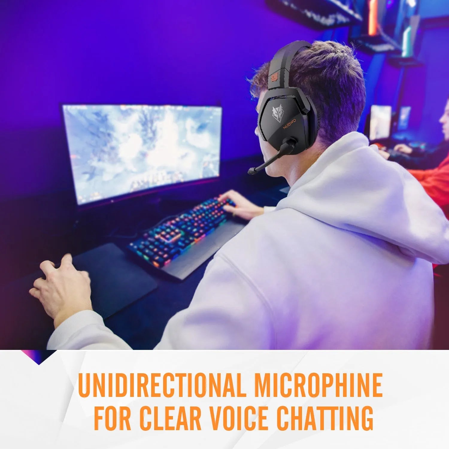 Black and orange wireless gaming headset with head-mounted design and simulated skin protein ear cushions