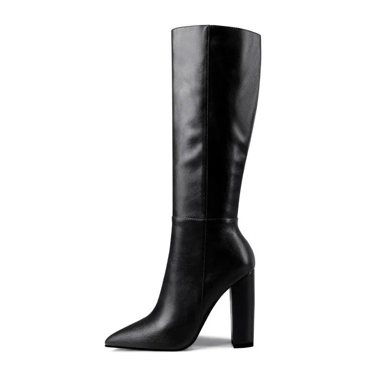 Women's pointed toe chunky heel high boots in solid colour microfiber upper side zipper