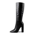 Women's pointed toe chunky heel high boots in solid colour microfiber upper side zipper