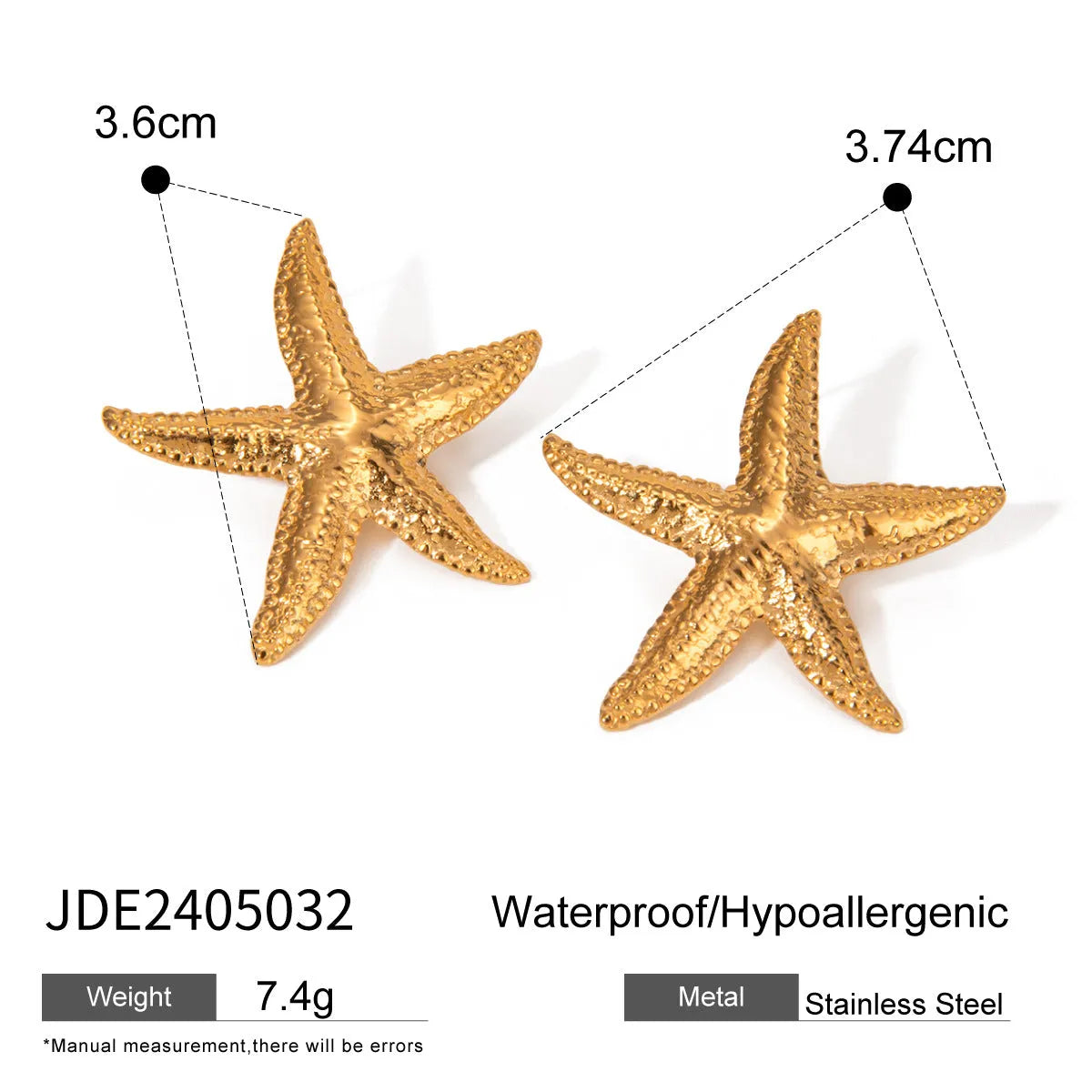 Gold starfish earrings with electroplated finish on stainless steel, animal zodiac design