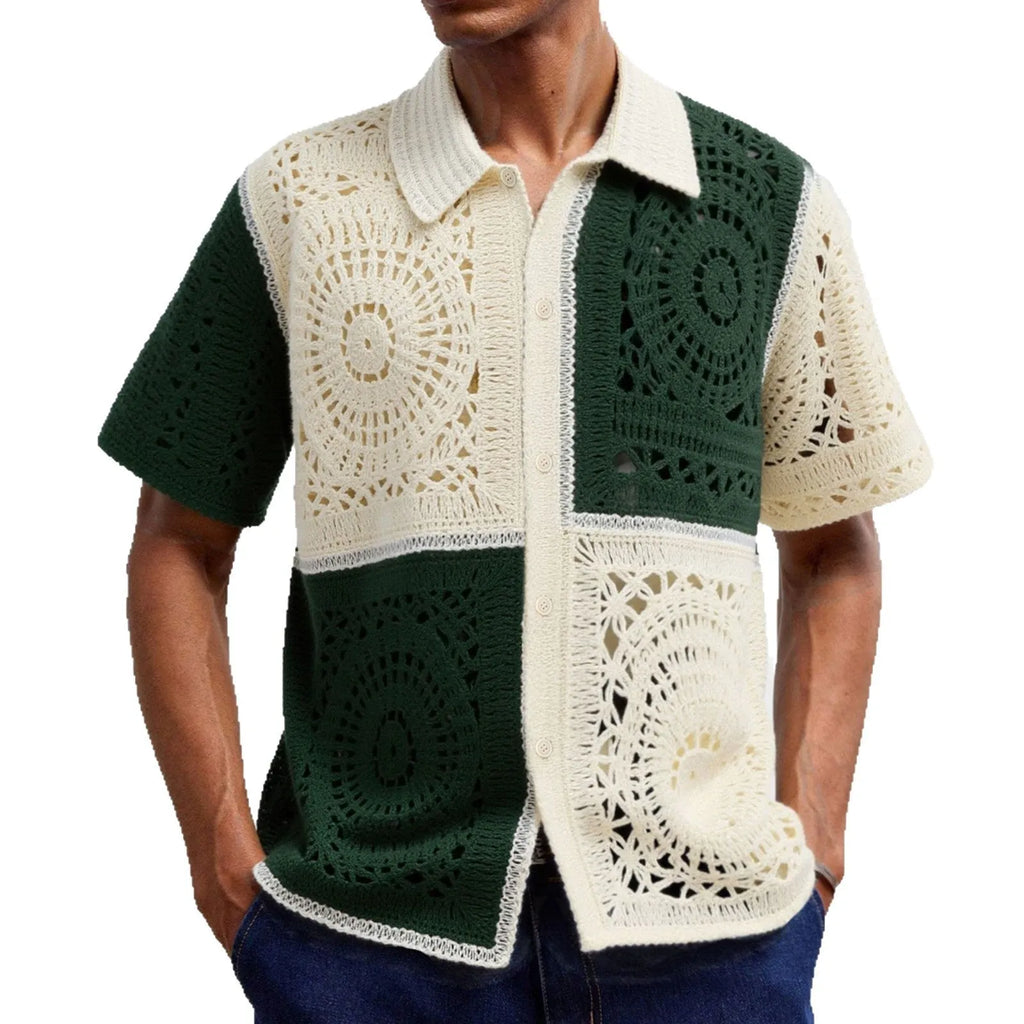 Beige colourblock men's short sleeve knit shirt with flocking pattern and regular fit